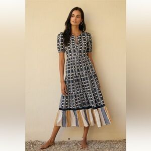 Anthropologie Navy and Cream Patterned Midi Dress